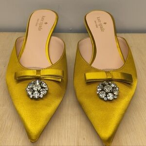 Kate Spade Darlene Yellow Satin Bow Jewel Pointed Toe Kitten Heel Mules 9M